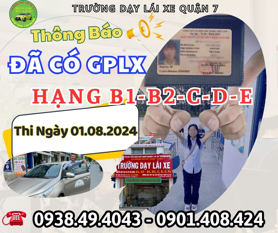 THÔNG BÁO CÓ BẰNG LÁI B1 B2 C ĐỢT THI 01/08/2024